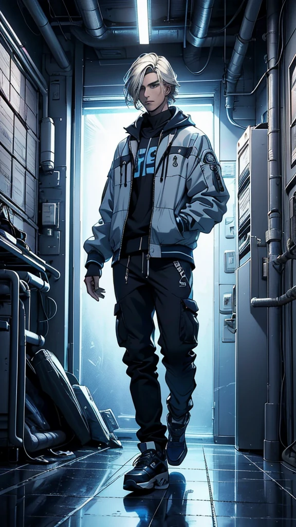 Create a detailed digital artwork of a Vault Dweller from the Fallout universe. He has long platinum blonde hair, fair skin, and is extremely handsome. He is wearing the classic blue Vault jumpsuit, with the number visible on the back. The art should be in a realistic style, with attention to details and textures.The scene is set inside a vault with retro-futuristic lighting, highlighting neon lights and soft shadows. The background should include typical vault elements such as metallic panels, security doors, and piping, with a color palette in shades of blue and gray. The character's face and hair should be especially detailed, reflecting the ambient lighting to create a dramatic and realistic effect.