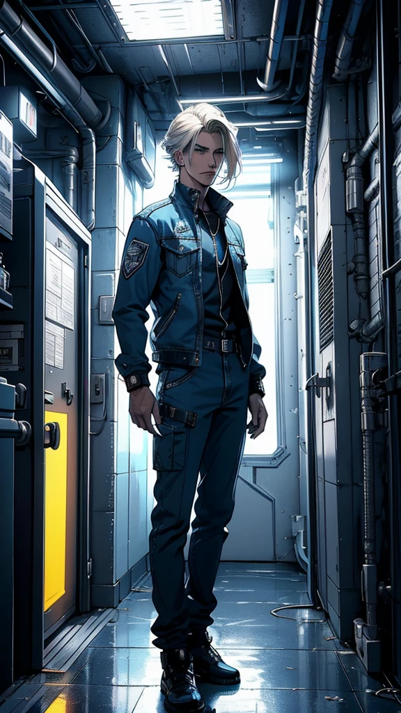 Create a detailed digital artwork of a Vault Dweller from the Fallout universe. He has long platinum blonde hair, fair skin, and is extremely handsome. He is wearing the classic blue Vault jumpsuit, with the number visible on the back. The art should be in a realistic style, with attention to details and textures.The scene is set inside a vault with retro-futuristic lighting, highlighting neon lights and soft shadows. The background should include typical vault elements such as metallic panels, security doors, and piping, with a color palette in shades of blue and gray. The character's face and hair should be especially detailed, reflecting the ambient lighting to create a dramatic and realistic effect.