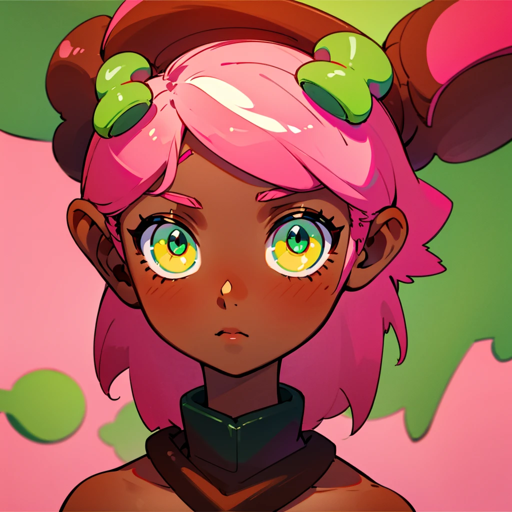 Close-up of Cute girl, brown skin, with very bright pink hair, tall hair, very bright green eyes