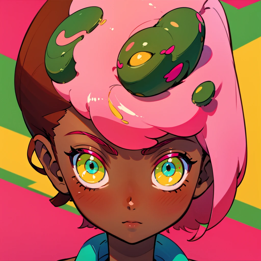 Close-up of Cute girl, brown skin, with very bright pink hair, tall hair, very bright green eyes