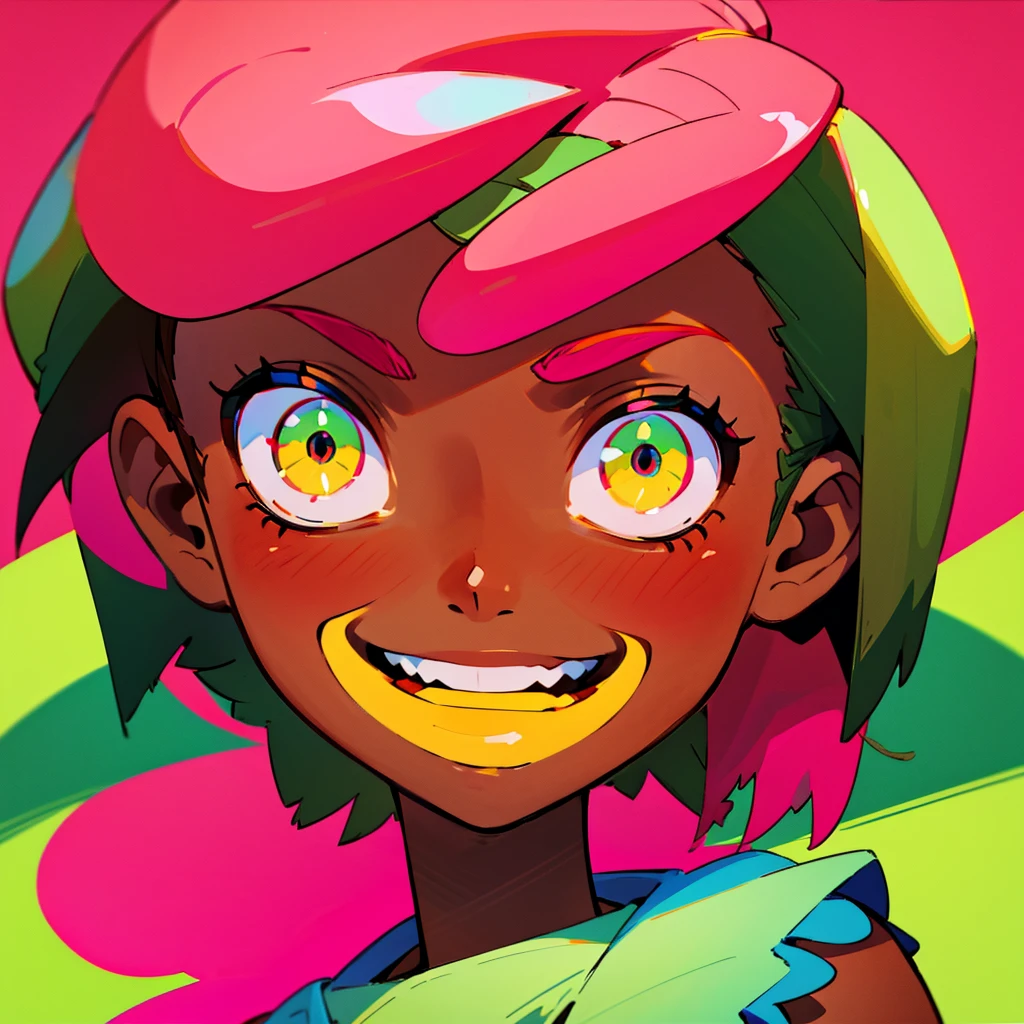 Close-up of Cute girl, brown skin, with very bright pink hair, tall hair, very bright green eyes