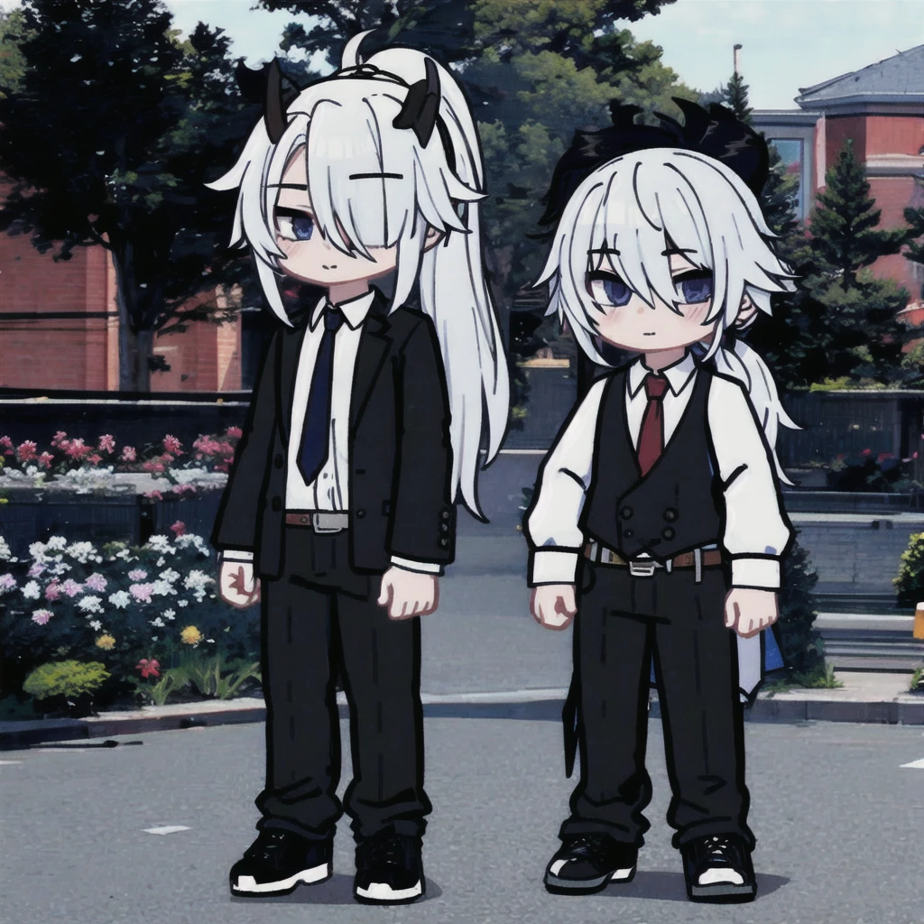 1 guy, full body, White hair, bangs cover the right eye, ponytail, shirt, tie, pants