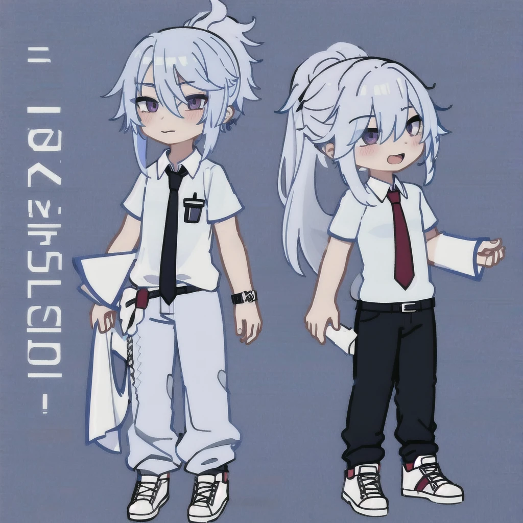 1 guy, full body, White hair, bangs cover the right eye, ponytail, shirt, tie, pants