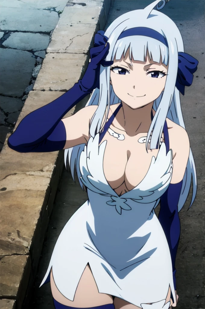 FAIRY TAIL ANGEL, LONG HAIR, BANGS, BLUE HAIR, HAIRBAND, BLUE HAIRBAND, AHOGE, THIGHHIGHS, GLOVES, DRESS, CLEAVAGE, ELBOW GLOVES, WHITE DRESS, 1girl, solo, facing viewer, (evil smile:1.3),Highly detailed CG Unity 8K wallpaper, perfect lighting,laugh at,evil smile,evil smirk,looking down at viewer,,smile bad,deep shaded face,too evil fall,dark world background,two hands,five fingers,two legs,thighhigh boots,