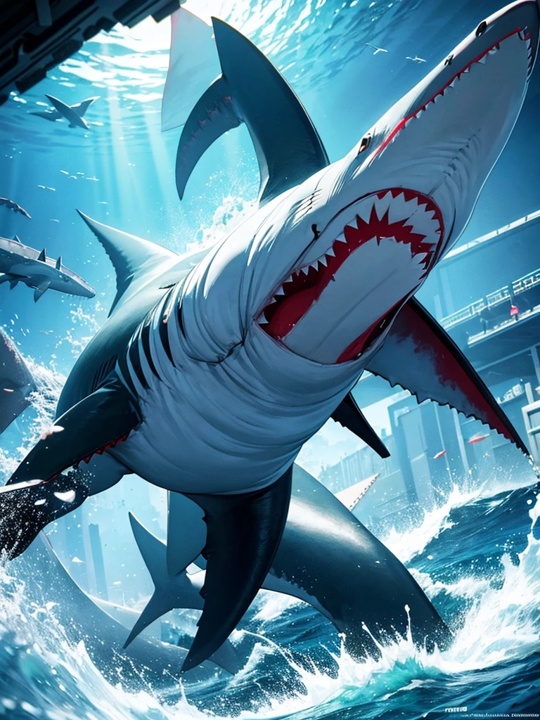 Massive shark, animal, colorful, fantasy, detailed, cineatic lights, hd, ultra hd , lights particles