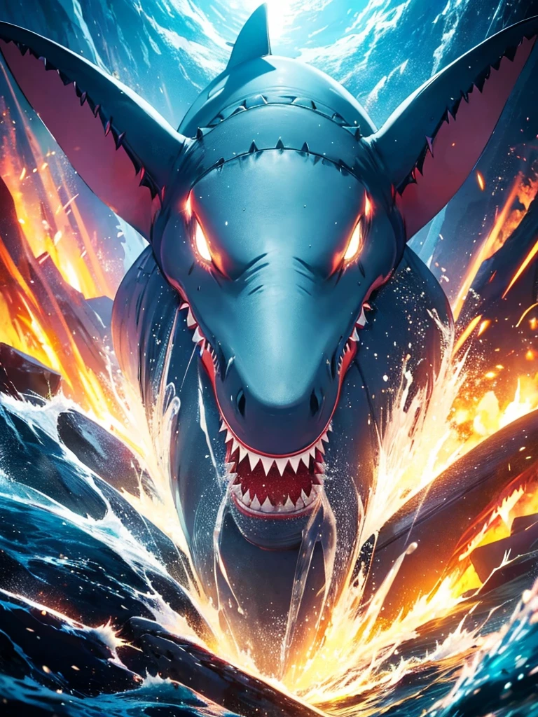 Massive shark, animal, colorful, fantasy, detailed, cineatic lights, hd, ultra hd , lights particles