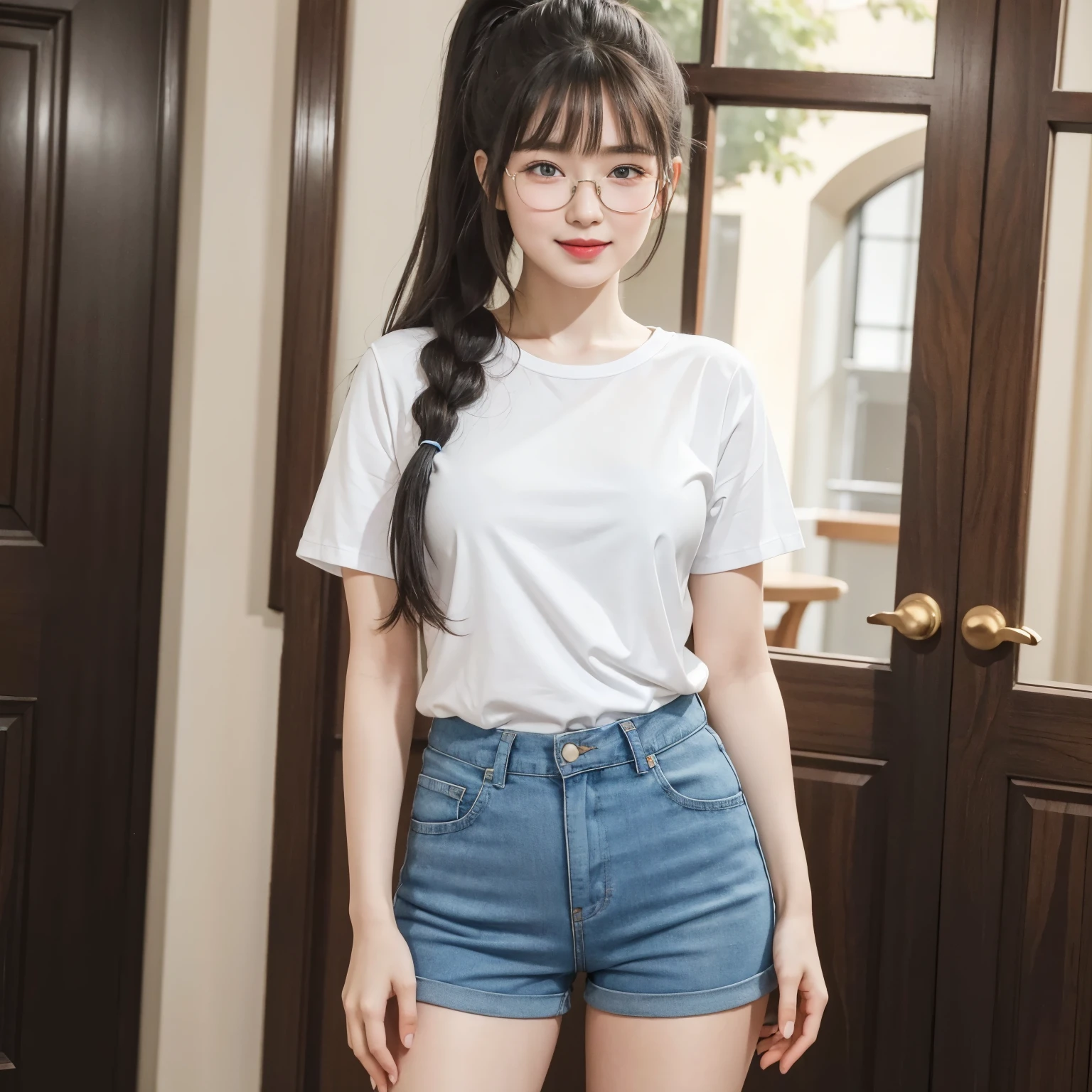 (Best quality, masterpiece, detailed), (RAW, 4k, hd images), shy, 1 girl, , white skin, long hair, ponytail, layers hair, bangs, black hair, beautiful girl, cute girl, sweet girl, pretty girl,perfect girl, pretty eyes, blue eyes, thin lips, thin,(eye line, lip stick soft), perfect , glasses(detailed frame), indoors, smile, thigh, full body, white tshirt clothea, blue short pants, standing