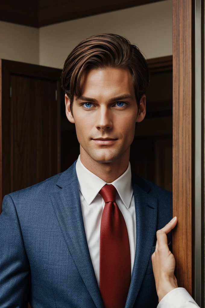 A tall man with a suit, he has brown hair and blue eyes. He has a red tie.