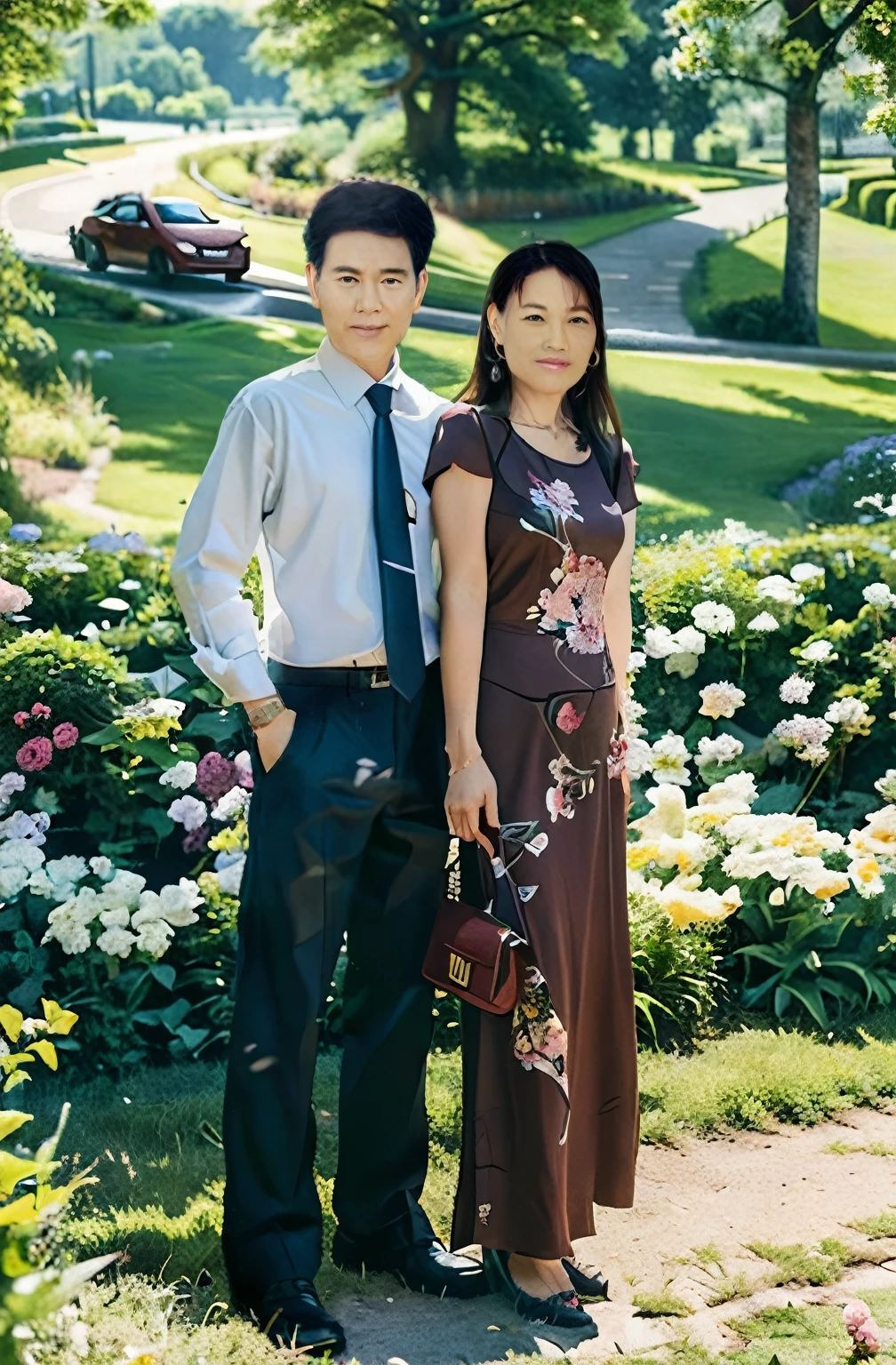 Highly realistic photo, ((masterpiece), (best quality), (raw photo), (photorealistic:1.4), This is a photo of a middle-aged couple posing together in front of a picturesque background. The man wore a white shirt with a dark tie and black pants, while the woman wore a maroon dress with floral decorations. She is holding a small handbag in her left hand. Standing on green grass, the backdrop depicts a serene outdoor scene with greenery, trees, a car in the background and a garden with blooming flowers, creating an idyllic and romantic, photo taken by Sony A7IV