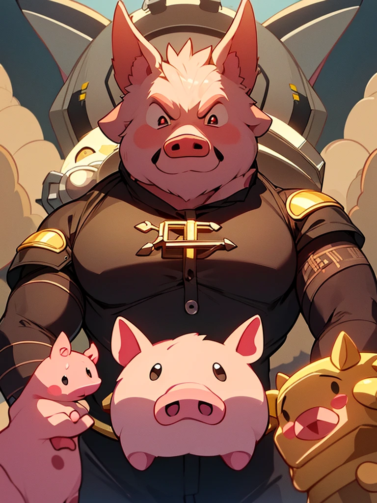 I want you to draw the god of all pigs in the pig world, he is a great animal, pig, boar, demon, robot.. It's a fantastic epic scene full of action and very striking emotion with flames, guitars and mad max and things like that, very aggressive Punk cybers style and I want to be very colorful, very striking, put green liquid slime and things like that and a demonic pig with fangs, the pig titan, the biggest of pigs, the pig titan un gran cerdo the biggest of pigs es es el Dios de todos los cerdos y tiene colmillos y es grande y es muy malo y es imponente impactante y súper poderoso y da el espacio para poder poner letras. a demonic pig God with big demon pigs and there are three big pigs Titans gods of all pigs and all heavy metal. I don't want people, just animals.. Get inspired by a black metal cover