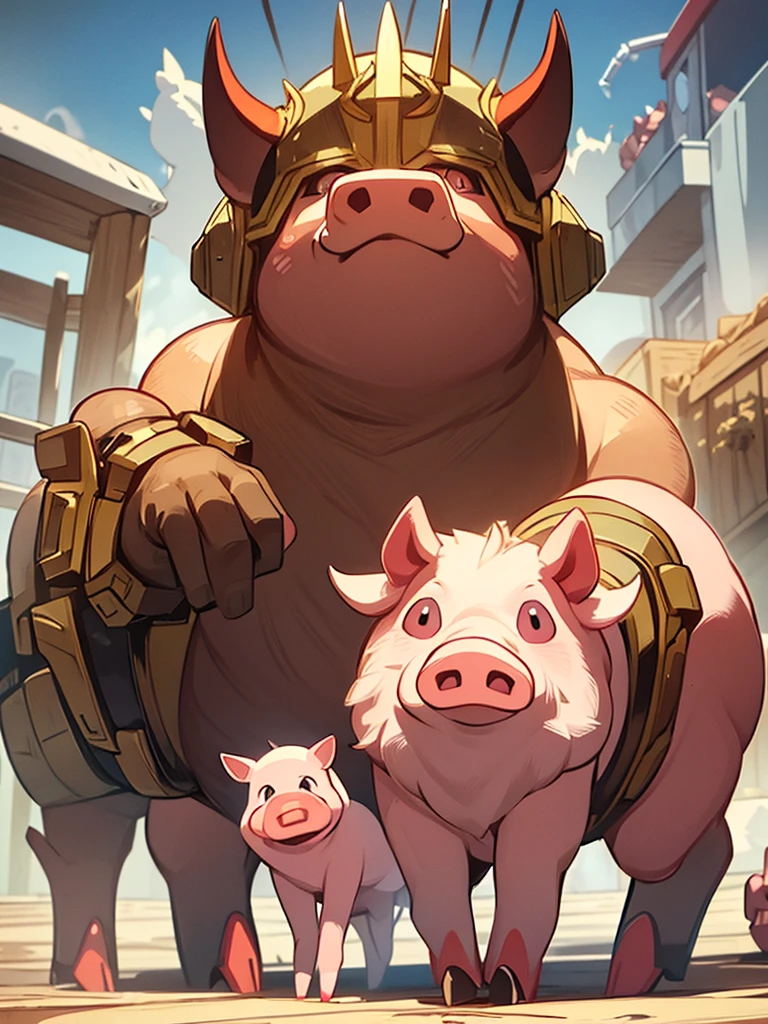 I want you to draw the god of all pigs in the pig world, he is a great animal, pig, boar, demon, robot.. It's a fantastic epic scene full of action and very striking emotion with flames, guitars and mad max and things like that, very aggressive Punk cybers style and I want to be very colorful, very striking, put green liquid slime and things like that and a demonic pig with fangs, the pig titan, the biggest of pigs, the pig titan un gran cerdo the biggest of pigs es es el Dios de todos los cerdos y tiene colmillos y es grande y es muy malo y es imponente impactante y súper poderoso y da el espacio para poder poner letras. a demonic pig God with big demon pigs and there are three big pigs Titans gods of all pigs and all heavy metal. I don't want people, just animals.. Get inspired by a black metal cover