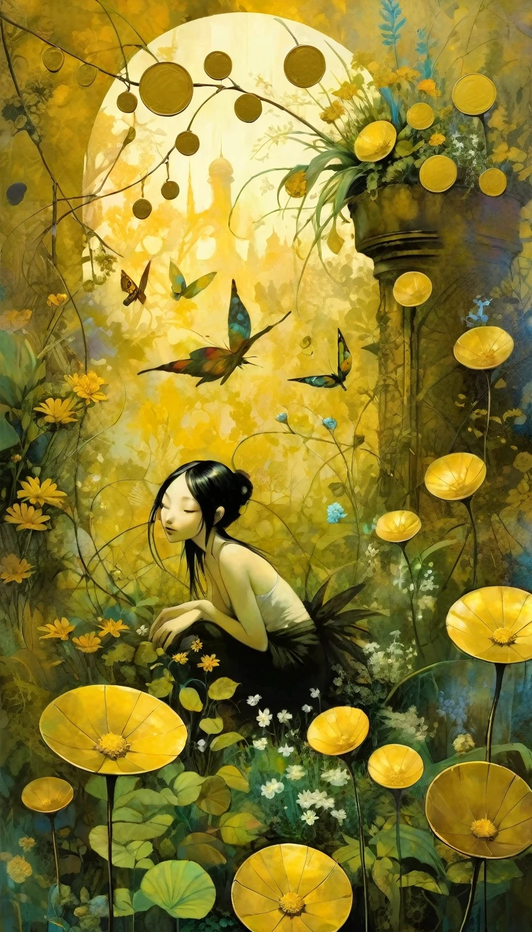 ten large gold coins scattered around the image, people have fun in a lush garden among plants and flowers  (Dave Mckean inspired art, intricate details, oil painting) 