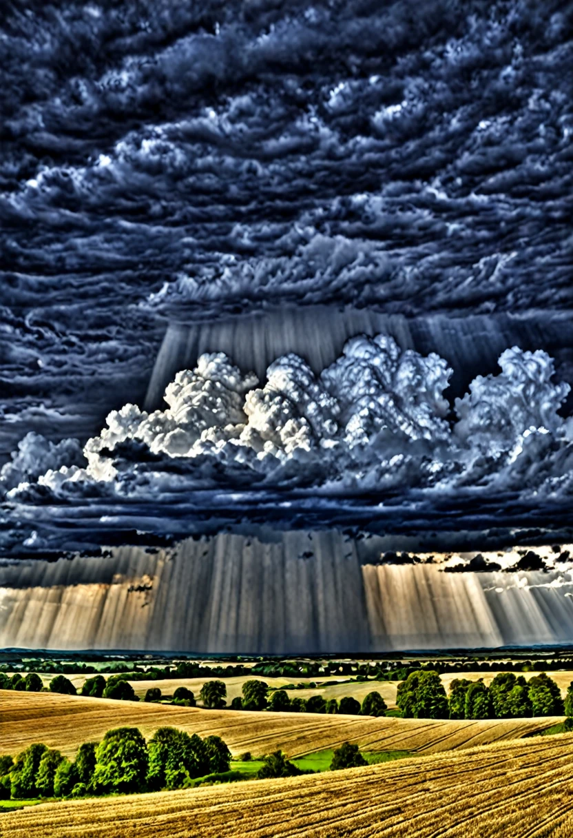 (sun shining above), (dark, threatening clouds below), (realistic), (digital painting), (high resolution), (ultra-detailed), (masterpiece quality),