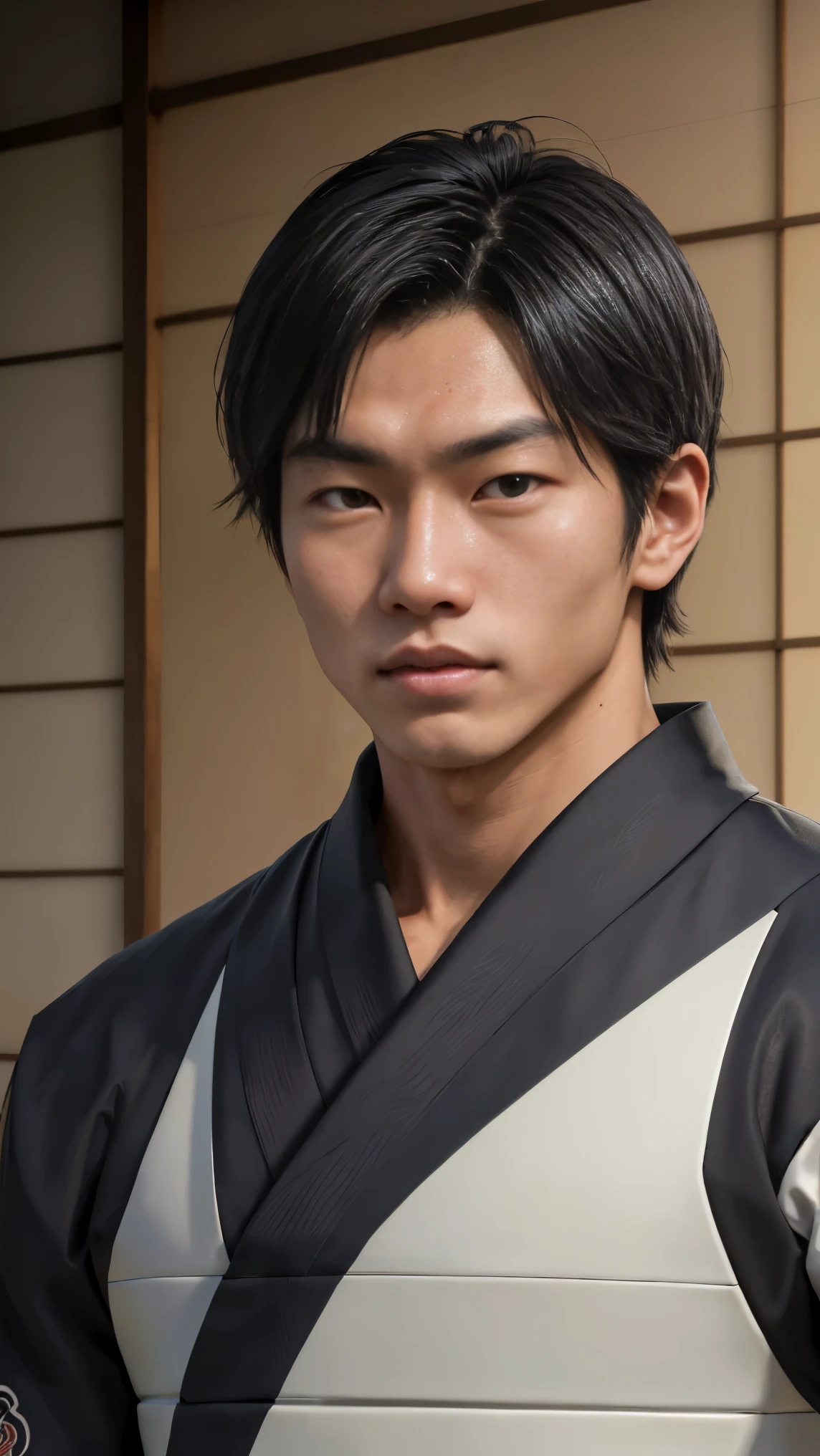 1boy, 18yo, asian, boyfish face, (thin face), short hair, deep dark tanned skin, ambitious eyes, aggresive, athletic, in ancient japanese Palace, futuristic japanese clothing, advanced japanese suit, (masterpiece:1.2), (best quality:1.2), (extremely detailed:1.2), (extremely detailed face), (detailed background), (ultra detailed), realistic, 1male, 1boy, handsome,