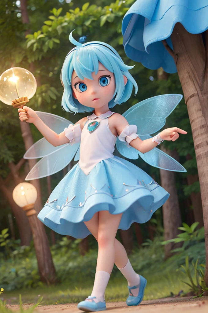a((human ??? girl)) with blond hair and light blue eyes is talking, she has the pose of speaking, and next to her there is a fairy with blue hair and transparent wings, in the middle of the woods magic
