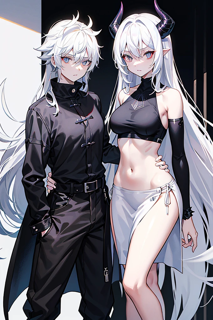 **Hair**: She has white hair, long and tousled, often left free to accentuate her wild side.
- **Horns**: Two large black horns protrude from its head, accentuating its demonic appearance.
- **Eyes**: His eyes are white and shiny. His skin is gray, demonic in color.
- **Clothes**: She wears a short, tight-fitting dark-colored top, revealing her muscular abdomen, and a short-sleeved black jacket.
- **Accessories and Armor**:
- **Arms**: Its front