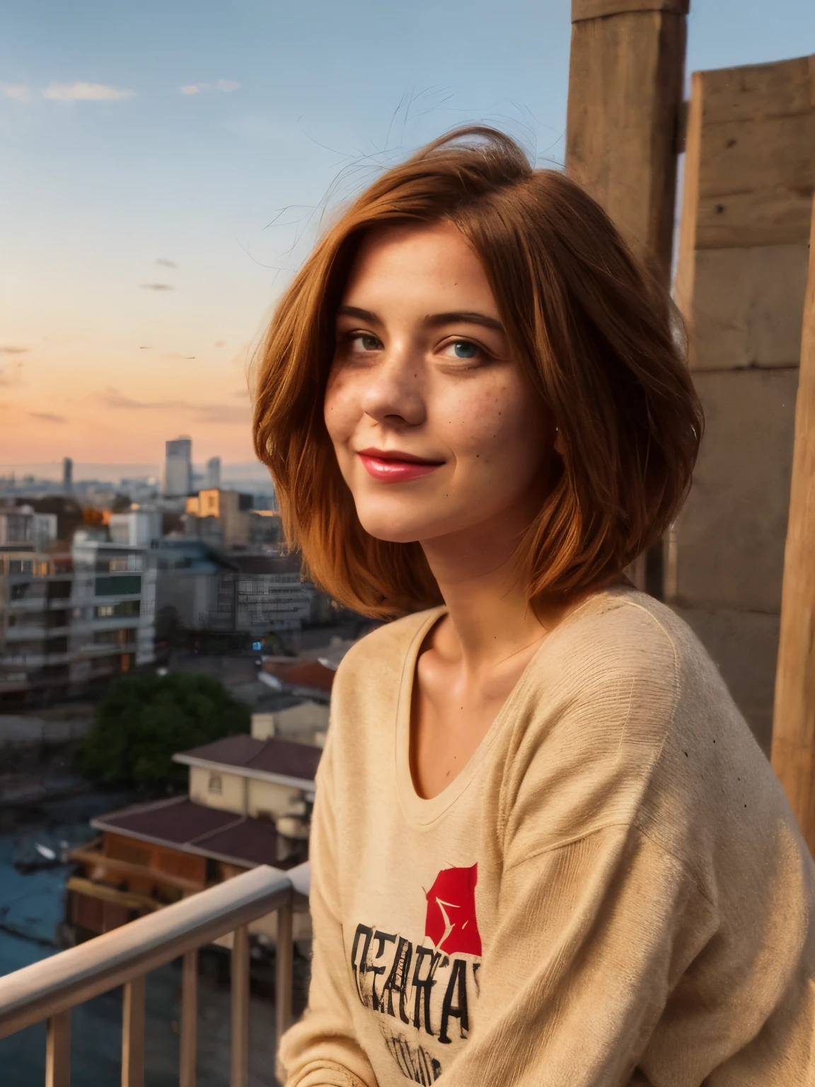 (perfect lighting, perfect perspective, Russian girl LaGermania, Russian traits, natural red hair,1girl, beautiful jaw, high detailed, perfect , realistic,face detailed, Red hair, gazing at viewer, (bangss) freckles (blue colored eyes) shorth hair, fully body, short hair style, short red hair style) Tokyo, sweatshirt, sunset, smiling, sitting on handrail, floating hair, bridge, hair flowing to the side,