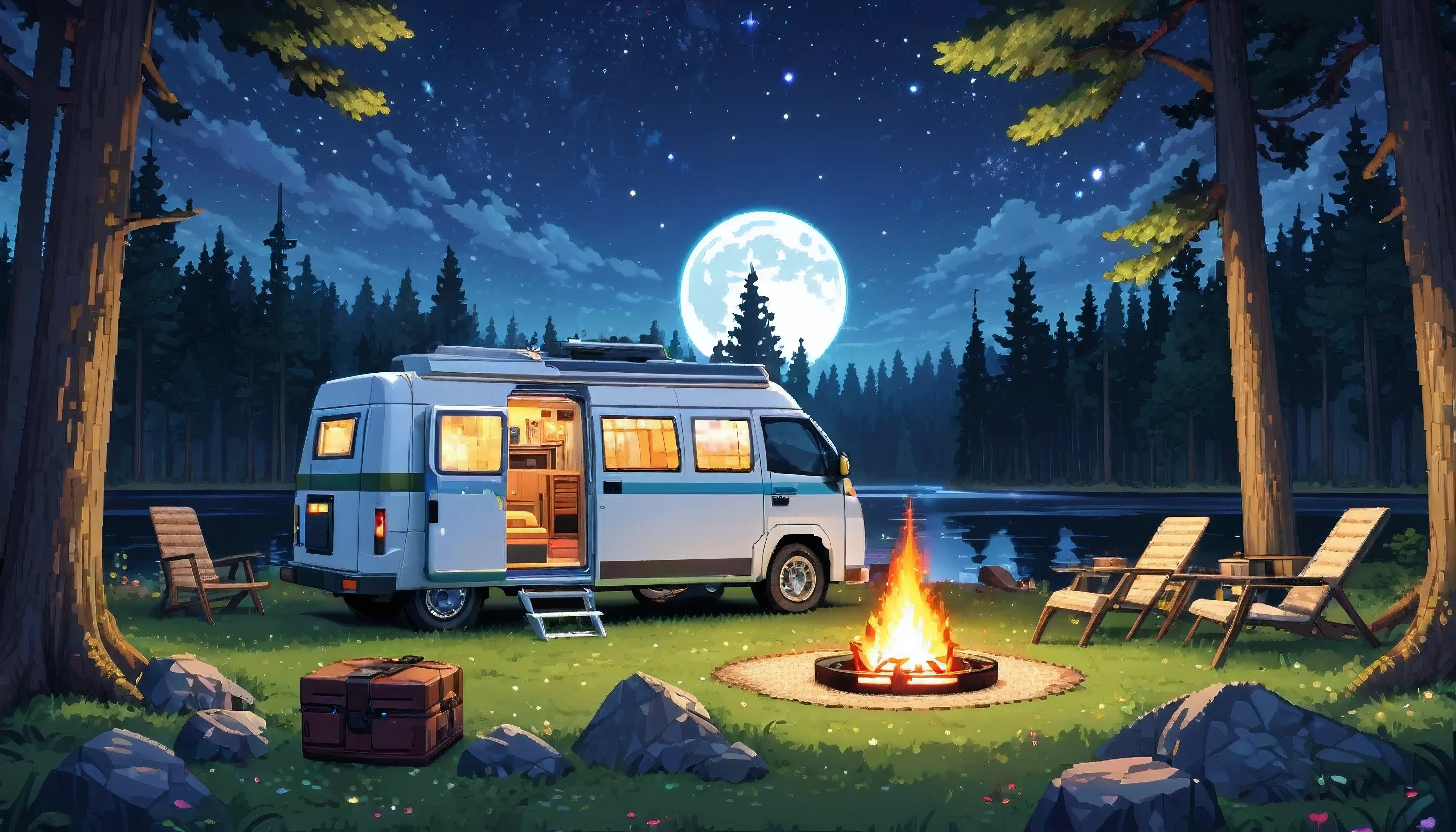 a detailed advance futuristic camper van in a grassy forest clearing at midnight,full moon shining bright, starry sky, campfire nearby, lake nearby,pixelart,HDR,8k,high quality,detailed interior,masterpiece