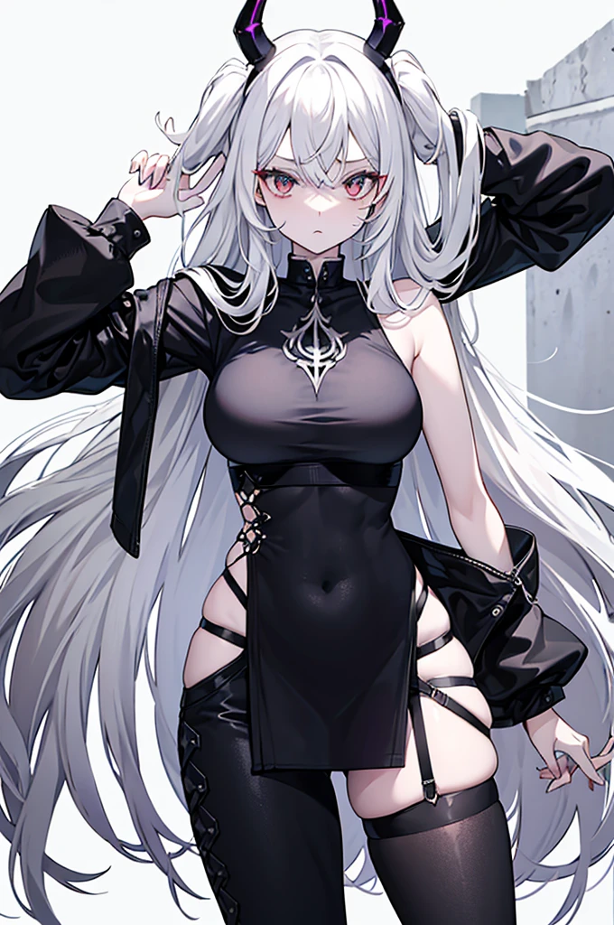 **Hair**: She has white hair, long and tousled, often left free to accentuate her wild side.
- **Horns**: Two large black horns protrude from its head, accentuating its demonic appearance.
- **Eyes**: His eyes are white and shiny. His skin is gray, demonic in color.
- **Clothes**: She wears a short, tight-fitting dark-colored top, revealing her muscular abdomen, and a short-sleeved black jacket.
- **Accessories and Armor**:
- **Arms**: Its front