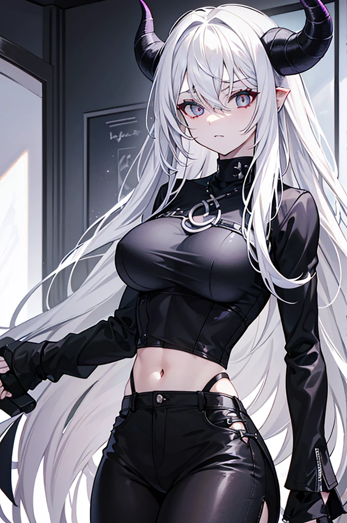 **Hair**: She has white hair, long and tousled, often left free to accentuate her wild side.
- **Horns**: Two large black horns protrude from its head, accentuating its demonic appearance.
- **Eyes**: His eyes are white and shiny. His skin is gray, demonic in color.
- **Clothes**: She wears a short, tight-fitting dark-colored top, revealing her muscular abdomen, and a short-sleeved black jacket.
- **Accessories and Armor**: 
  - **Arms**: Its front