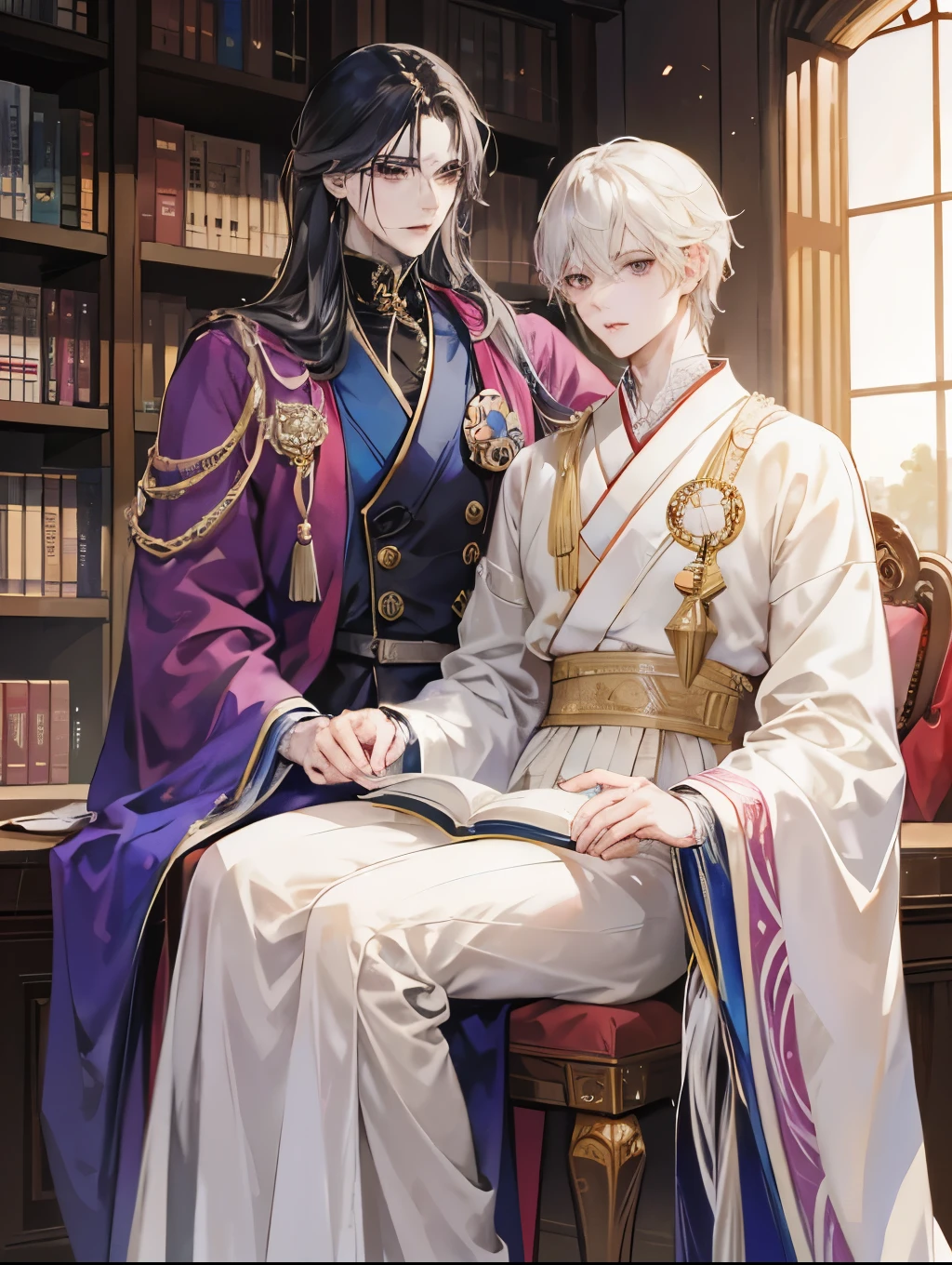 anime image of two people in a library with a table and chairs, two anime handsome men, anime key visual of elegant, ((wearing aristocrat robe)), dapper dream demon, my dress up darling anime, machiavellian puppetmaster, royal attire akira, inspired by Tomioka Tessai, ryuta ueda artwork, beautiful prince