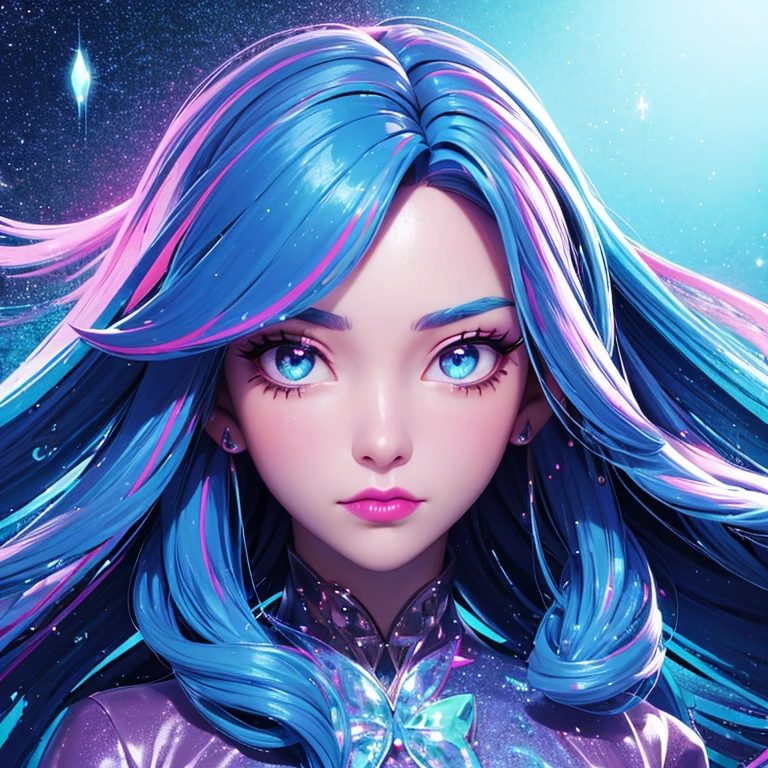 a portrait of a woman who looks very bored, glitter slime dripping from her face, she has long hair with colored streaks, neon lipstick