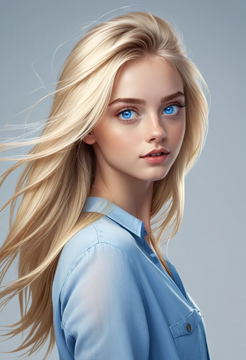 Animated realistic digital illustration of blonde girl mesmerizing blue eyes straight hair loose and standing on her back 