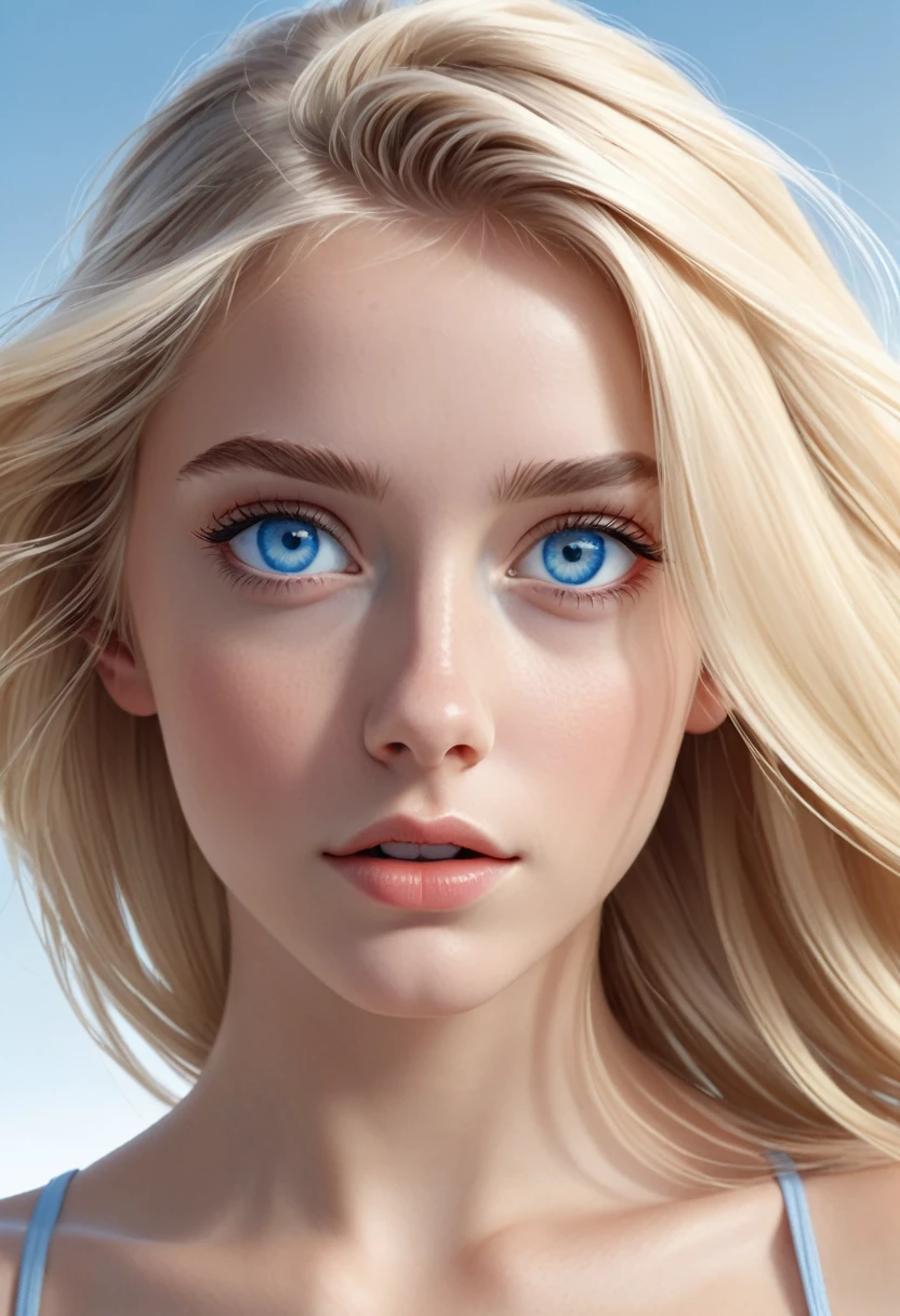 Animated realistic digital illustration of blonde girl mesmerizing blue eyes straight hair loose and standing on her back