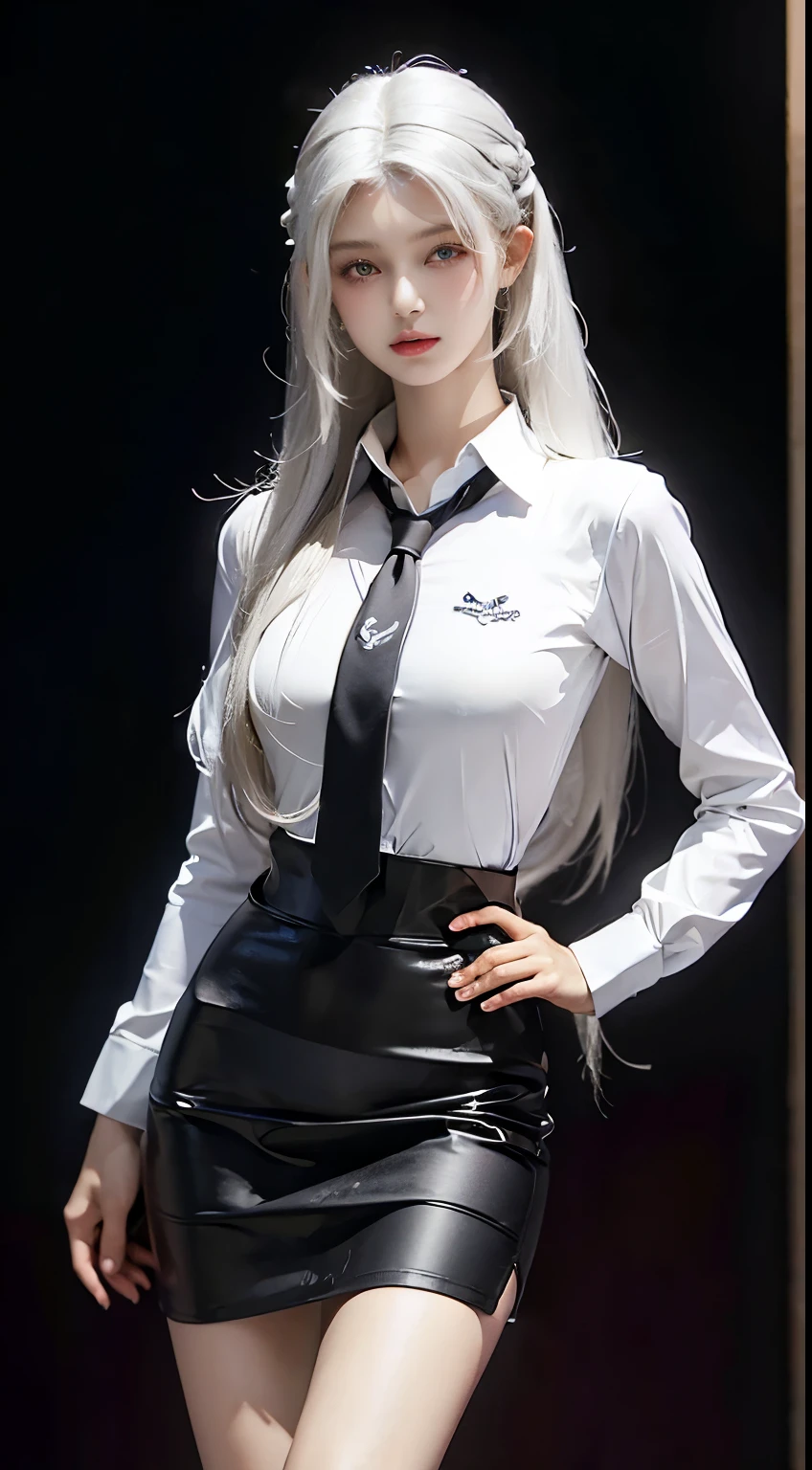 Photorealistic, high resolution, 1 woman, Hips up, Beautiful eyes, White hair, Long hair, ringed eyes, Collared shirt, black necktie,Black skirt, pencil skirts