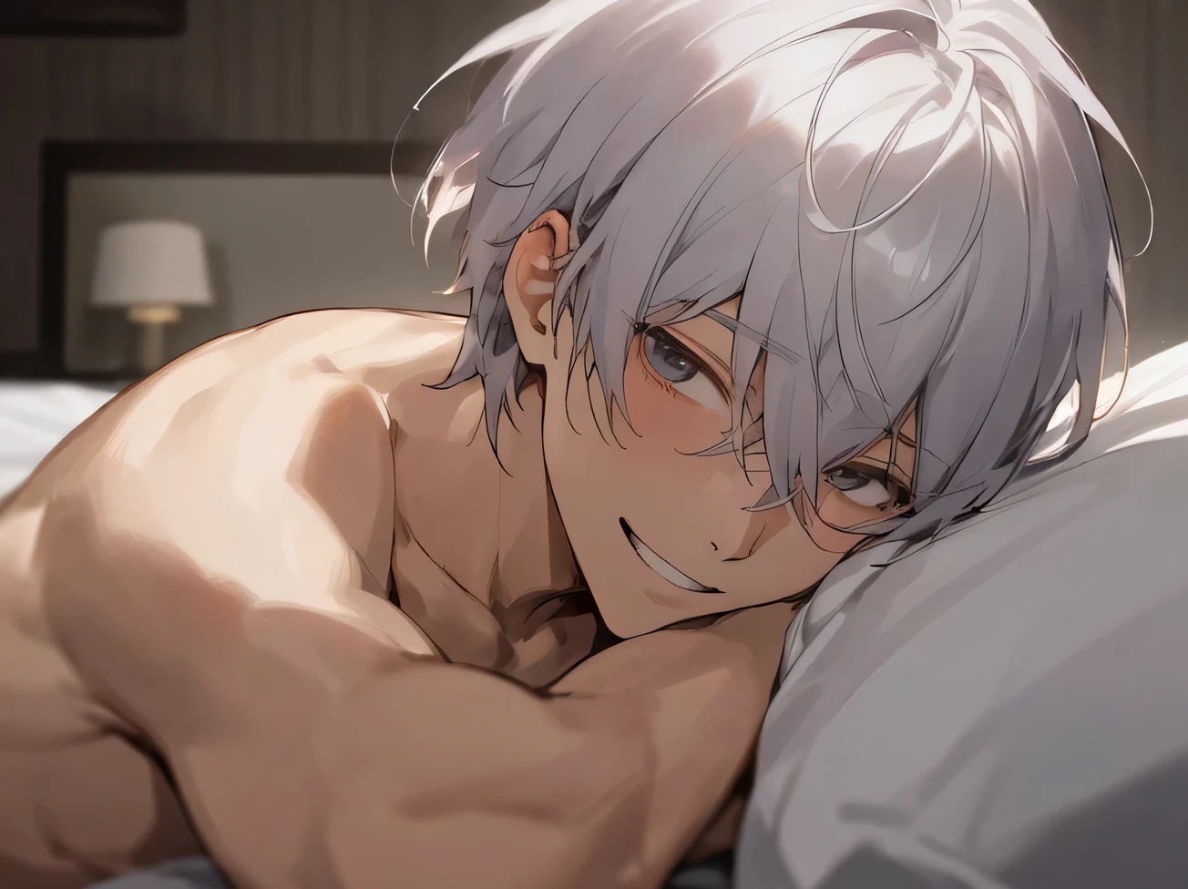 aldult.,male,good looking,30th Generation,Cool vibe,I,Silver-haired,mash,Upper Body,,Close up of,Excited,Wicked Smile,Yandere atmosphere,Light,Hotel room bed、