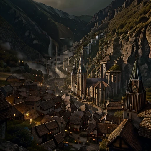 old map, fantasy style, a central city with castles, dos ciudades pequeñas en las mountains, two cities on the shores of evil, a city near a forest and a city near a river, surrounded by trees and tall pines, roads, mountains  