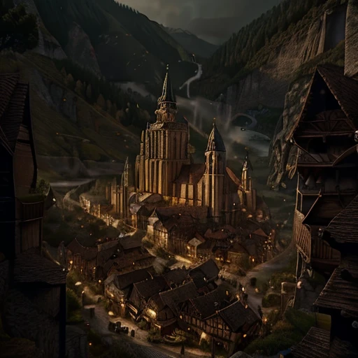 old map, fantasy style, a central city with castles, dos ciudades pequeñas en las mountains, two cities on the shores of evil, a city near a forest and a city near a river, surrounded by trees and tall pines, roads, mountains
