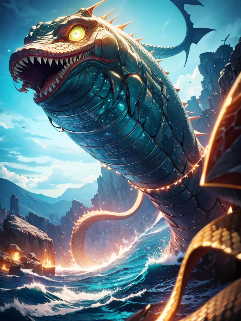 Massive sea monster, snake, colorful, fantasy, detailed, cineatic lights, hd, ultra hd , lights particles