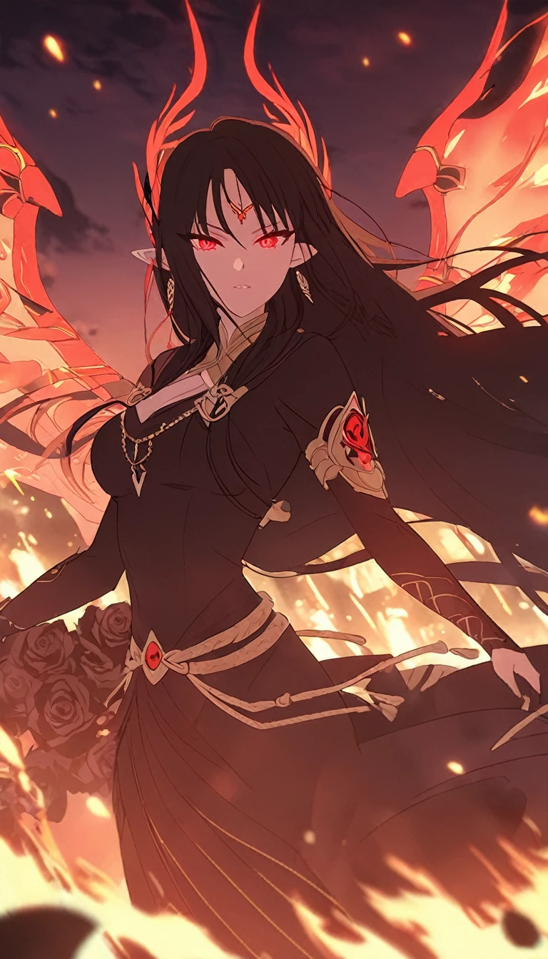 1woman, elven ears, darkness god, fire black hair, straight hairstyle, glowing red eyes, black roses field, fire wings, war goddess, elegant thai warrior,
