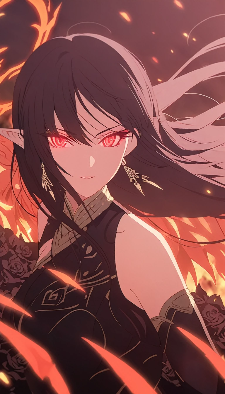 1woman, elven ears, darkness god, fire black hair, straight hairstyle, glowing red eyes, black roses field, fire wings, war goddess, elegant thai warrior,