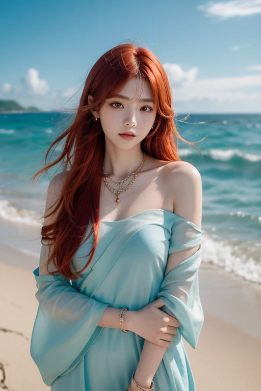 nilou (genshin impact), behind the sea, 1girl, background blur, closed mouth, bare arms, accessory, bare sleeves, bare shoulders, red hair, bracelets, necklace, cowboy shot, sideways