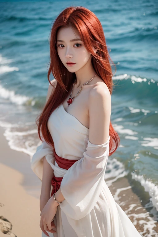nilou (genshin impact), behind the sea, 1girl, background blur, closed mouth, bare arms, accessory, bare sleeves, bare shoulders, red hair, bracelets, necklace, cowboy shot, sideways