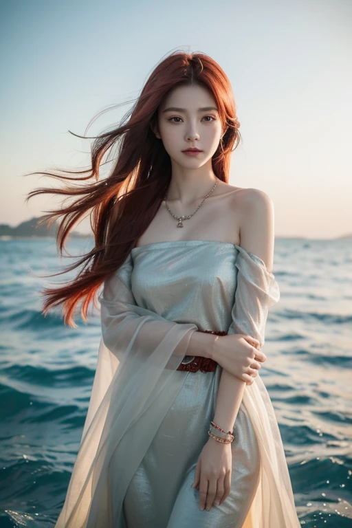 nilou (genshin impact), behind the sea, 1girl, background blur, closed mouth, bare arms, accessory, bare sleeves, bare shoulders, red hair, bracelets, necklace, cowboy shot, sideways