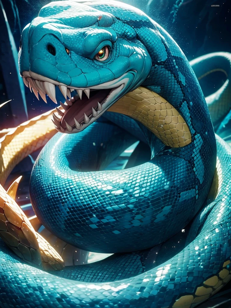 Massive sea monster, snake, colorful, fantasy, detailed, cineatic lights, hd, ultra hd , lights particles 