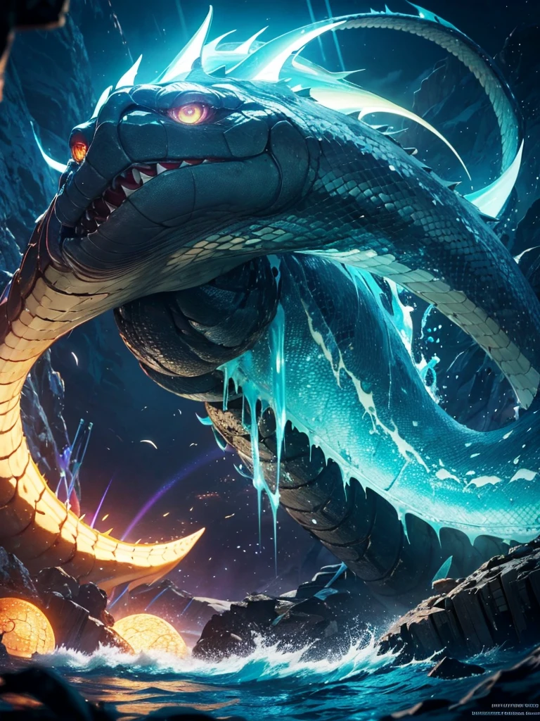 Massive sea monster, snake, colorful, fantasy, detailed, cineatic lights, hd, ultra hd , lights particles