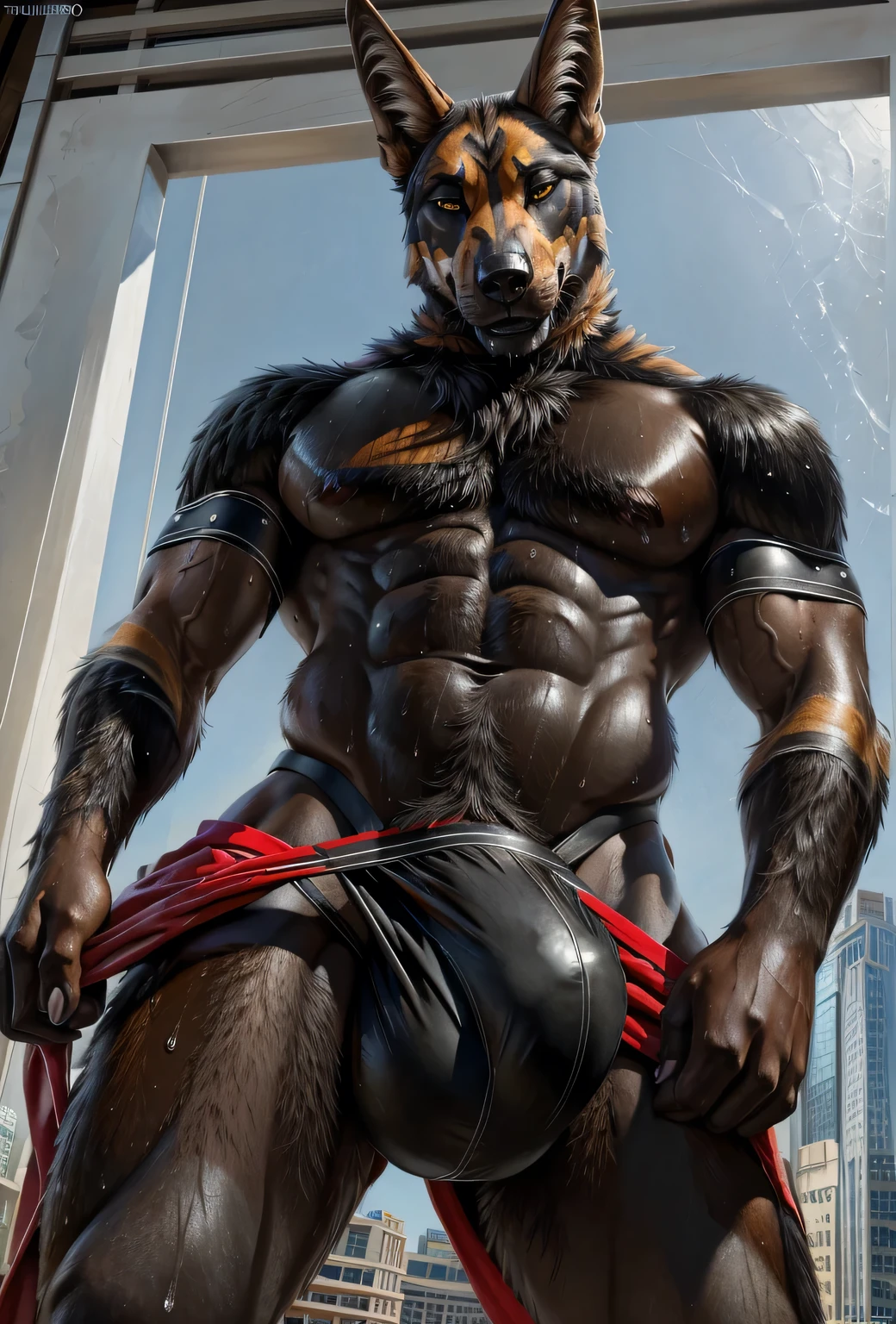 Muscular black jackal standing while posing seductively for the viewer showcasing their large veiny muscles while one of their hands is pulling down their underwear revealing the base and shaft of their big veiny black penis, Masterpiece, penis base+, black penis, penis shaft, highly detailed image, highly detailed genitalia, 4k, 4k resolution, big testicles, by Truegrave9, by Virtyalfobo, by Chunie, by Clockhands, penis poking out, thick theighs+, huge penis+, inviting, inviting viewer, solo, long tail, looking pleasured+, dominant male, looking at viewer, plain background, bedroom eyes+, seductive male, bubblebutt, quote "think you can handle this?", presenting, large muscles+, penis shaped bulge, big bulge, huge bulge, black underwear, looking down at viewer, black skin+, ebony skin+, sweat, black underwear, leather underwear, undressing+, hand on underwear, 