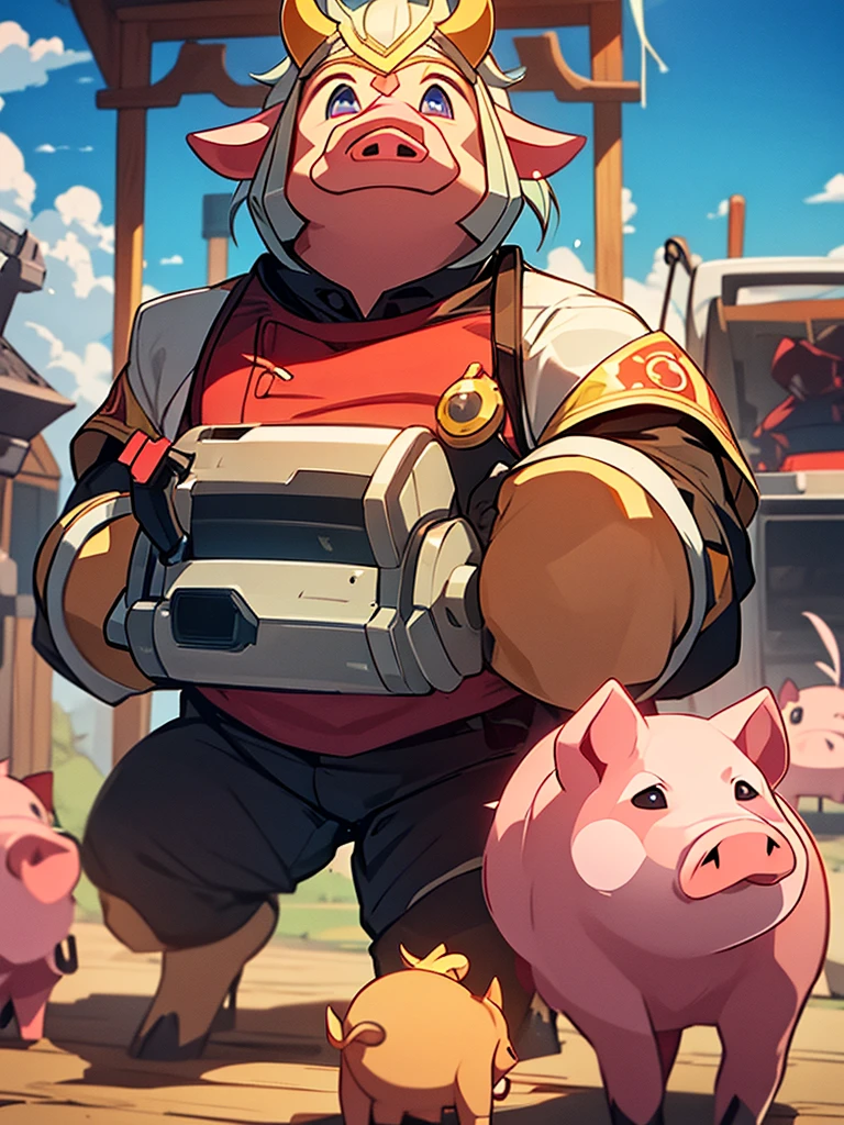 I want you to draw the god of all pigs in the pig world, he is a great animal, pig, boar, demon, robot.. It&#39;s a fantastic epic scene full of action and very striking emotion with flames, guitars and mad max and things like that, very aggressive Punk cybers style and I want to be very colorful, very striking, put green liquid slime and things like that and a demonic pig with fangs, the pig titan, the biggest of pigs, the pig titan un gran cerdo the biggest of pigs es es el Dios de todos los cerdos y tiene colmillos y es grande y es muy malo y es imponente impactante y súper poderoso y da el espacio para poder poner letras.  a demonic pig God with big demon pigs and there are three big pigs Titans gods of all pigs and all heavy metal. I don&#39;t want people, just animals.. Get inspired by a black metal cover