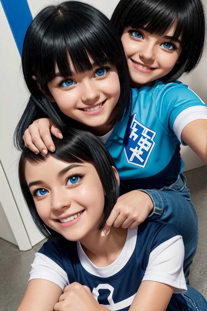 Girl from my hero academia With bright, animated blue eyes like from my hero academia Short, straight black hair with bangs Wearing UA clothes from my hero academia She has a happy expression on the girl's face From the background of the UA school The girl is sitting