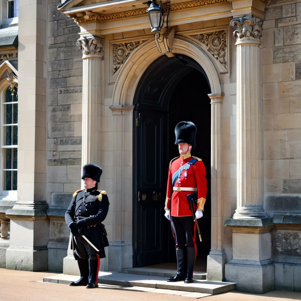 A ceremonial guard in a red uniform and a black bearskin hat stands in front of a historic building. The guard is positioned inside a small guardhouse structure with a curved top. The building has stone walls and a window in the background. The guard stands straight with a rifle held over his shoulder, demonstrating a formal and disciplined posture. The scene resembles the Changing of the Guard ceremony at Buckingham Palace in London.