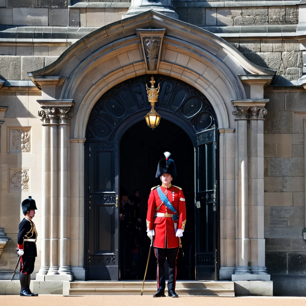 A ceremonial guard in a red uniform and a black bearskin hat stands in front of a historic building. The guard is positioned inside a small guardhouse structure with a curved top. The building has stone walls and a window in the background. The guard stands straight with a rifle held over his shoulder, demonstrating a formal and disciplined posture. The scene resembles the Changing of the Guard ceremony at Buckingham Palace in London.