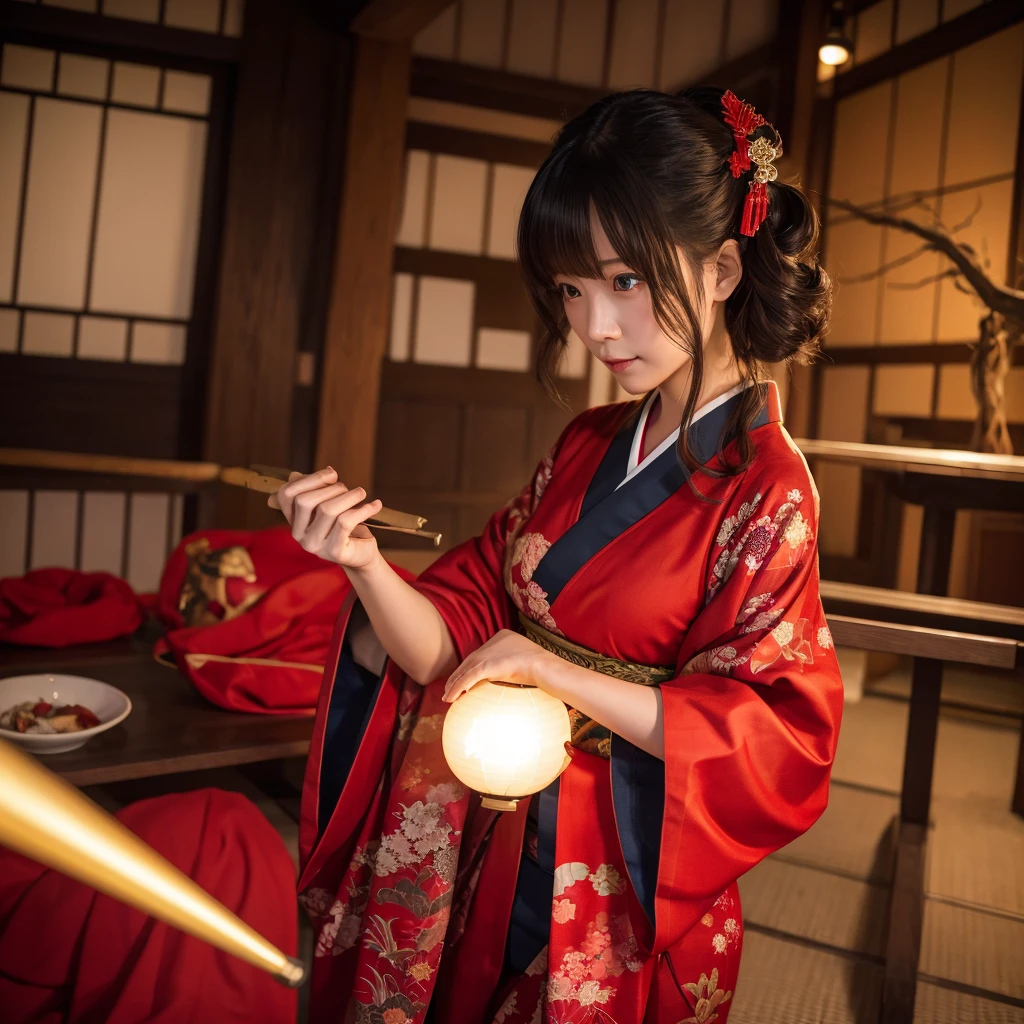 Dynamicpose,Highest quality、Masterpiece、Highest detail、Japanese Yokai、Bob-haired beautiful girl、Red kimono、Combatant、In combat、Glare