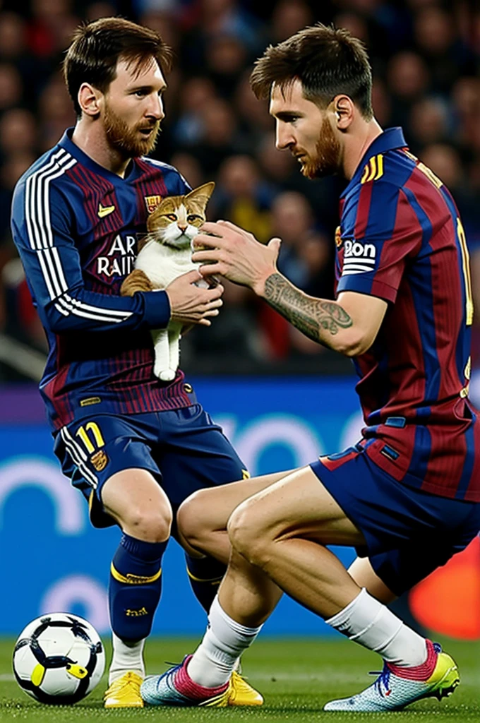 Messi putting a collar on a cat