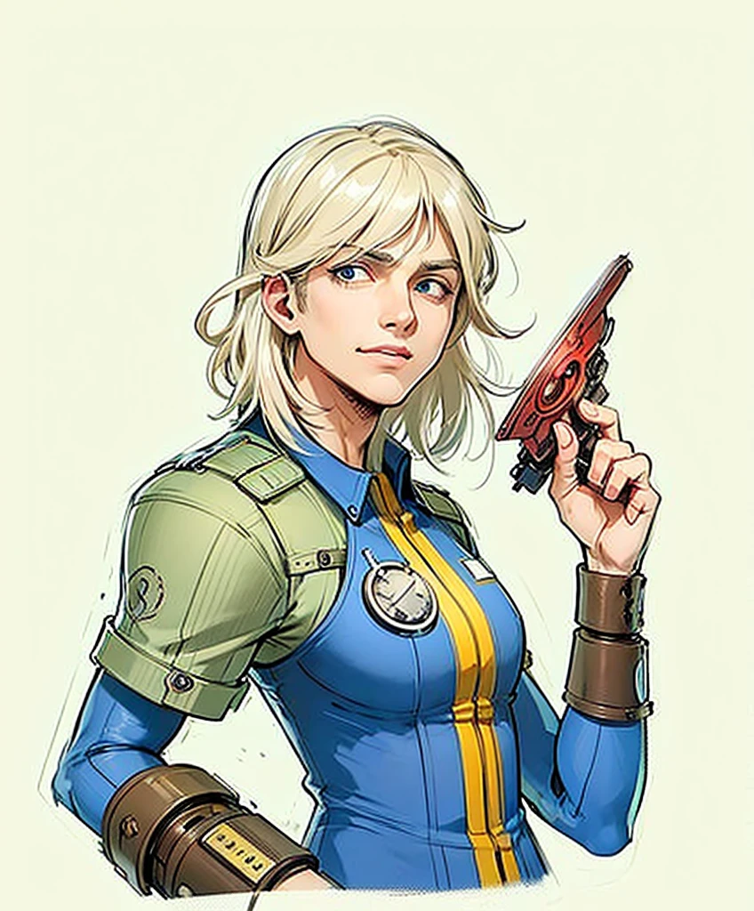 Create a detailed digital artwork of a male Vault Dweller from the Fallout universe. He has long platinum blonde hair, fair skin, and is extremely handsome. He is wearing the classic blue Vault jumpsuit, with the number visible on the back. The art should be in a realistic style, with attention to details and textures.The scene is set inside a vault with retro-futuristic lighting, highlighting neon lights and soft shadows. The background should include typical vault elements such as metallic panels, security doors, and piping, with a color palette in shades of blue and gray. The character's face and hair should be especially detailed, reflecting the ambient lighting to create a dramatic and realistic effect.