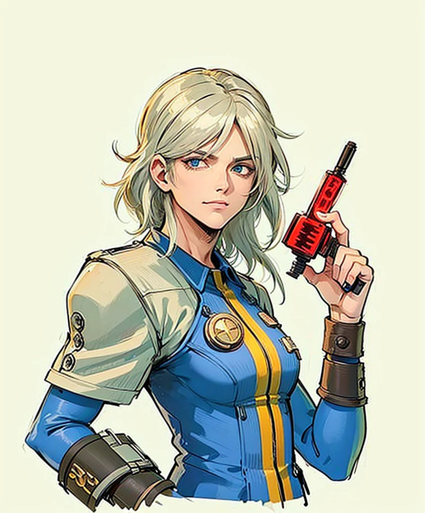 Create a detailed digital artwork of a male Vault Dweller from the Fallout universe. He has long platinum blonde hair, fair skin, and is extremely handsome. He is wearing the classic blue Vault jumpsuit, with the number visible on the back. The art should be in a realistic style, with attention to details and textures.The scene is set inside a vault with retro-futuristic lighting, highlighting neon lights and soft shadows. The background should include typical vault elements such as metallic panels, security doors, and piping, with a color palette in shades of blue and gray. The character's face and hair should be especially detailed, reflecting the ambient lighting to create a dramatic and realistic effect.