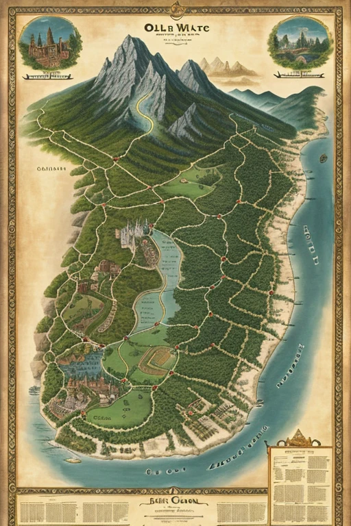 old map, fantasy style, seven cities with huts, a forest, two seas, a huge central city with castles, mountains , paths trees, distance between cities, each city separated by a river or forest 